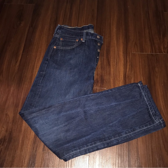 Vtg 90s/Y2K 501 Levis Button Up Dark Denim Mens Tall Bootcut Jeans - Picture 9 of 12